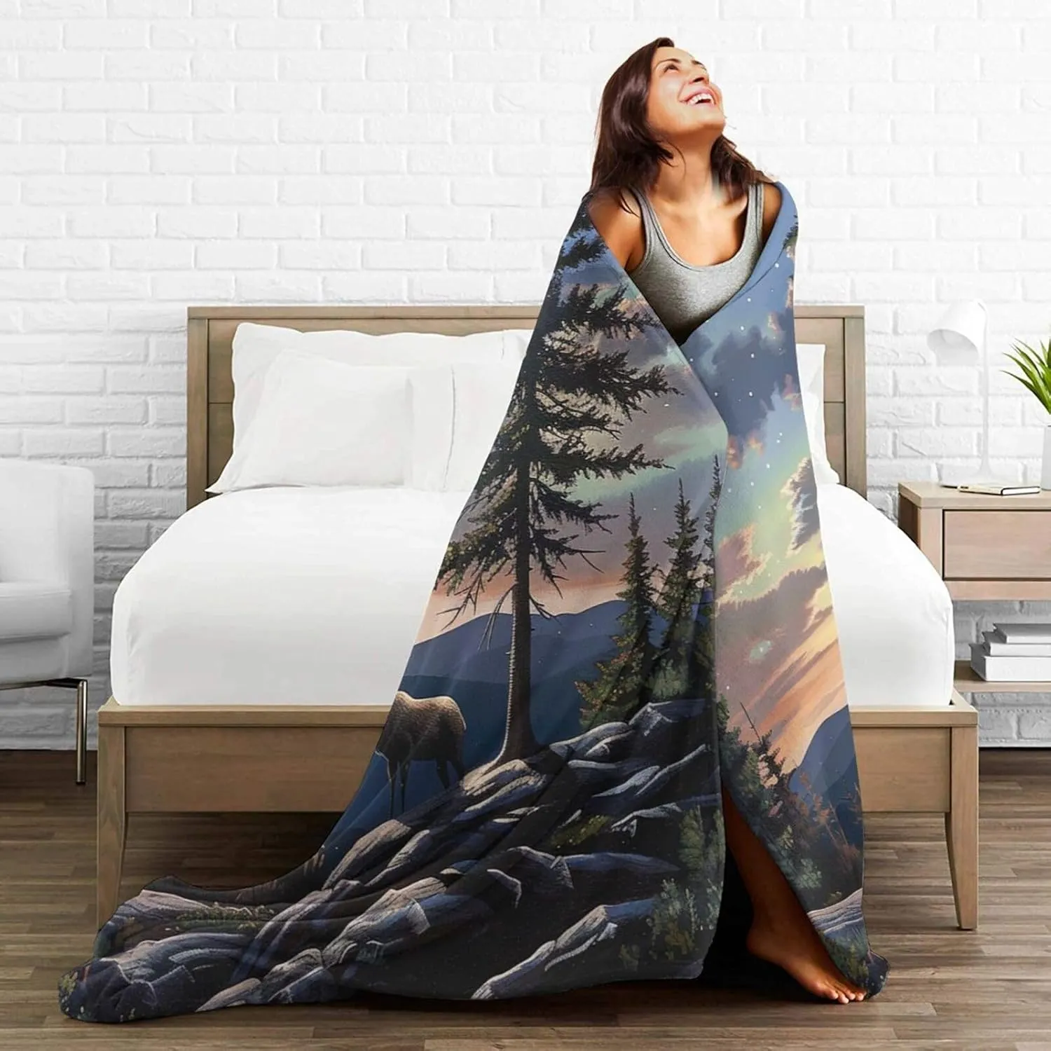 Moose Mountain Pine Tree Wilderness Printed Flannel Blankets Throw 30x40 Inch, Lightweight Warm Throw Blanket for Couch Sofa Bed Office Home Decor