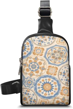Moroccan Tile Floral Waist Pack Bag Fanny Pack for Women, Bohemia Mediterranean style PU Leather Antitheft Crossbody Bag for Women Travel Sling Bag