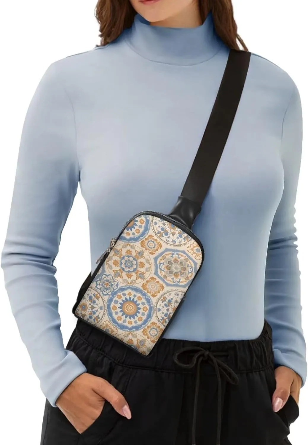 Moroccan Tile Floral Waist Pack Bag Fanny Pack for Women, Bohemia Mediterranean style PU Leather Antitheft Crossbody Bag for Women Travel Sling Bag
