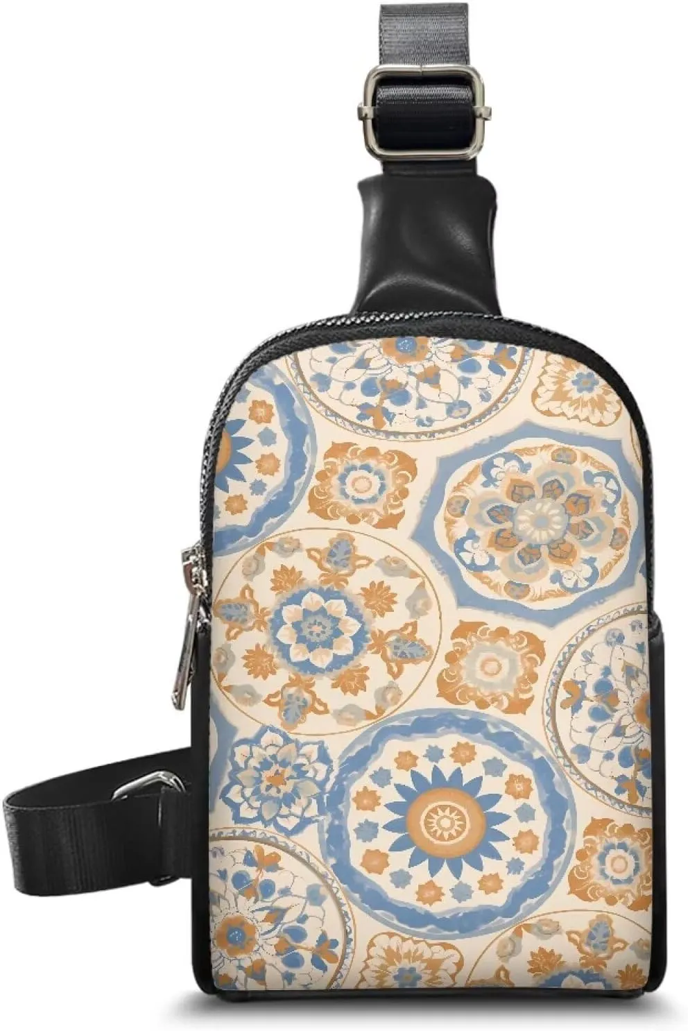 Moroccan Tile Floral Waist Pack Bag Fanny Pack for Women, Bohemia Mediterranean style PU Leather Antitheft Crossbody Bag for Women Travel Sling Bag