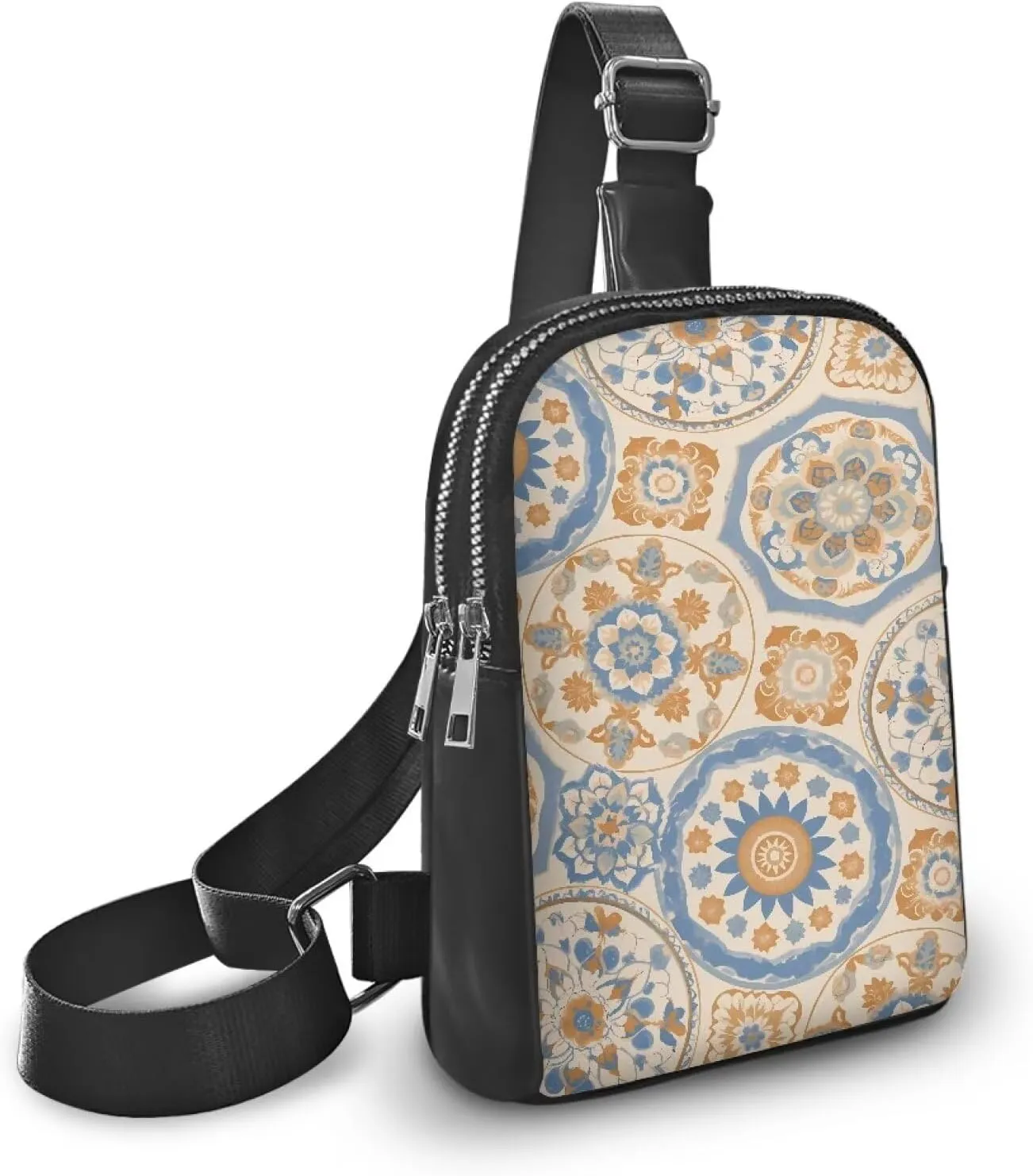 Moroccan Tile Floral Waist Pack Bag Fanny Pack for Women, Bohemia Mediterranean style PU Leather Antitheft Crossbody Bag for Women Travel Sling Bag