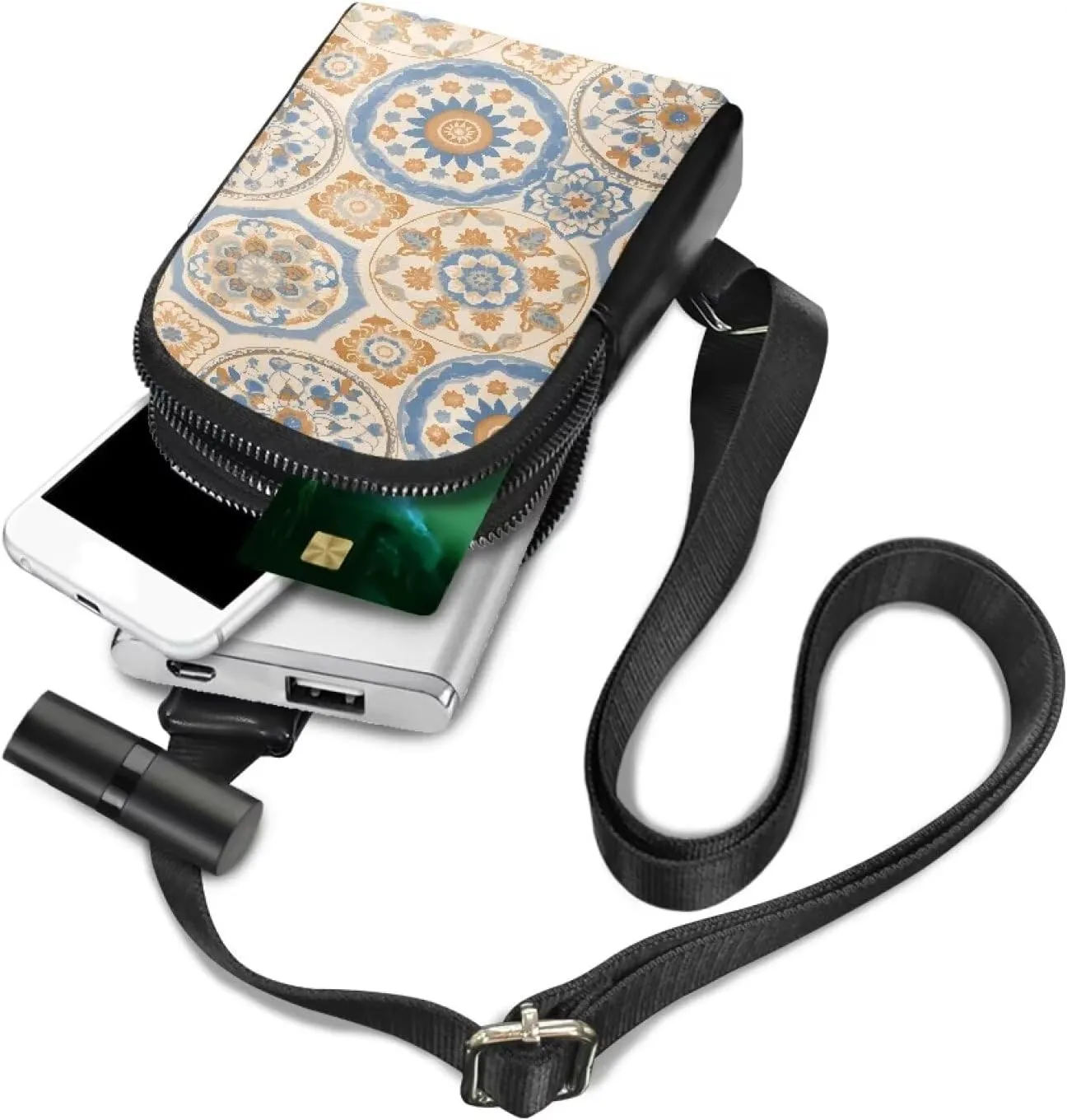 Moroccan Tile Floral Waist Pack Bag Fanny Pack for Women, Bohemia Mediterranean style PU Leather Antitheft Crossbody Bag for Women Travel Sling Bag