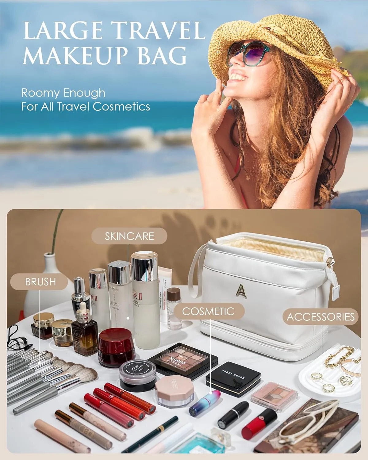 Mothers Day Gifts, Bridesmaid Gift, Initial Large Makeup Bag, Travel Essentials, Personalized Double Layer Cosmetic Bag with Makeup Brush Organizer, Toiletry Bag, Gifts for Friends Female Mom