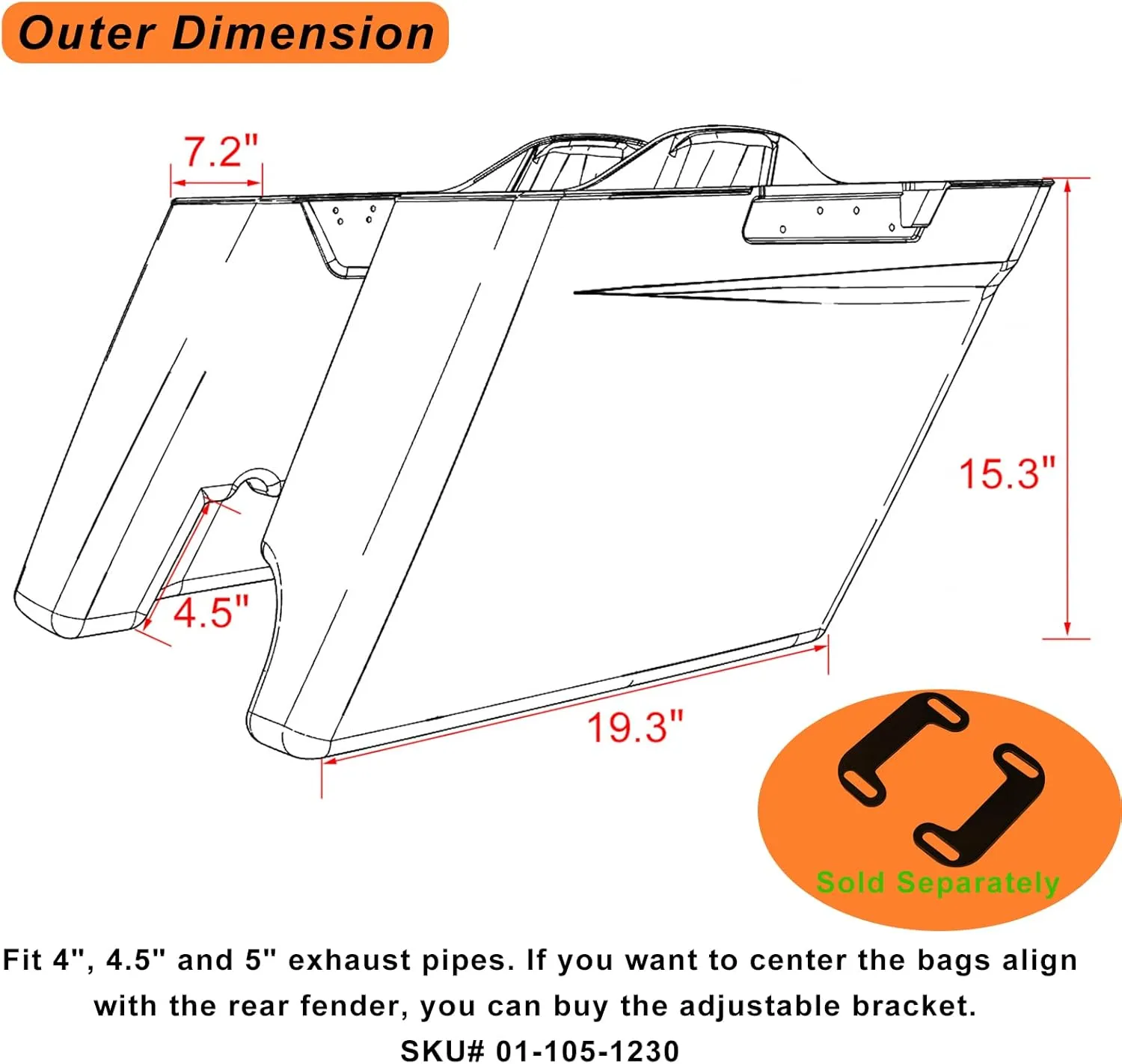 Moto Onfire Harley 4.5" Stretched Bags Fit for Harley Touring 2014 , Vivid/Glossy Black, Red Liners, Rear Fender Extension