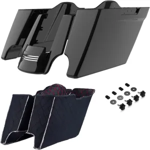 Moto Onfire Harley 4.5" Stretched Bags Fit for Harley Touring 2014 , Vivid/Glossy Black, Red Liners, Rear Fender Extension
