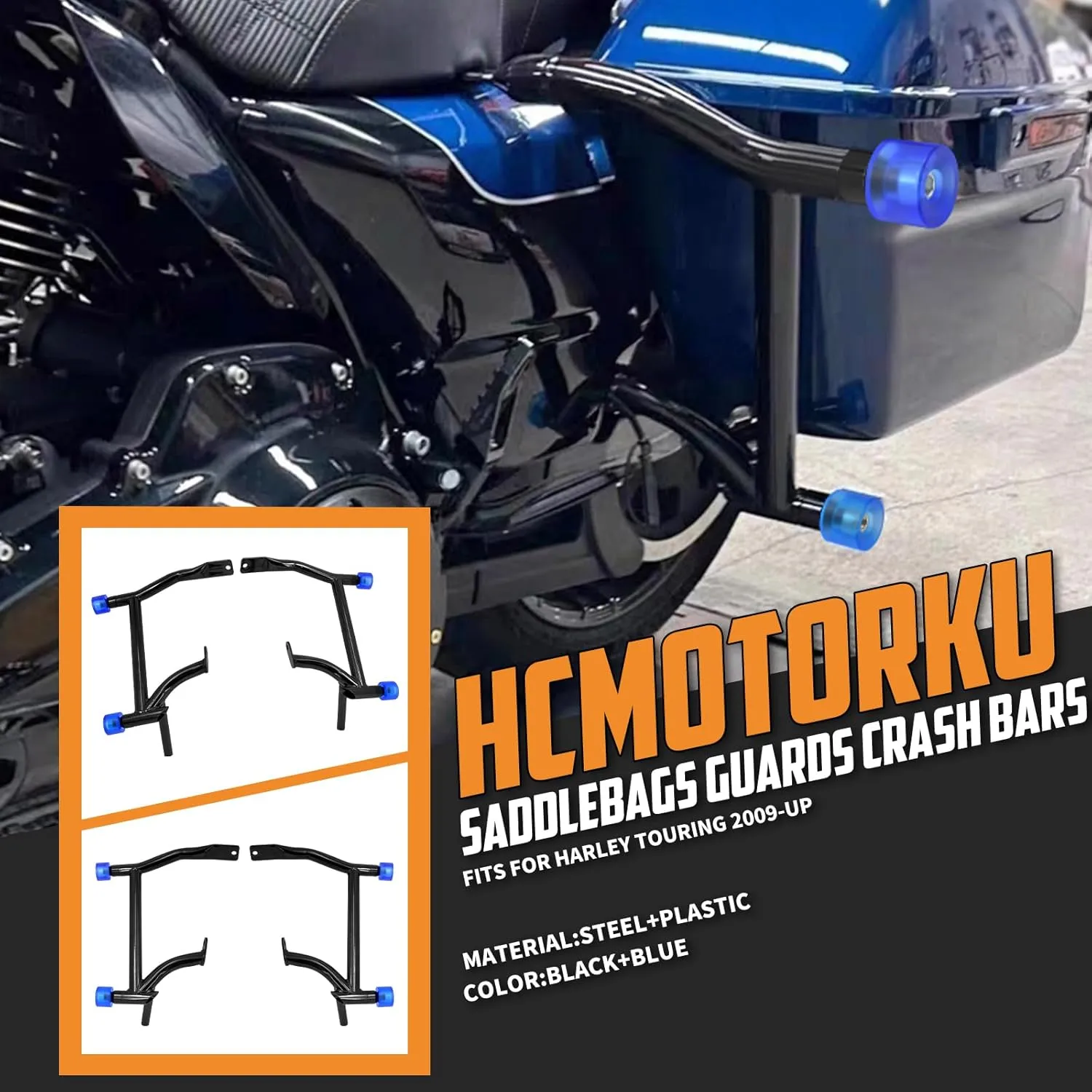 Motorcycle Saddle Bag Guards Crash Bars Fit for Harley Touring Electra Glide FLHT Street Glide FLHX Road Glide FLTRX Road King FLHR 2009-UP (Decorative Wheel Blue)