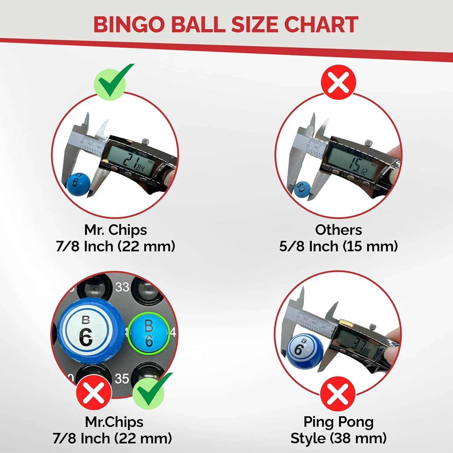 MR CHIPS Easy Read Bingo Balls 7/8 Inch Diameter (22 mm) with Fade and Scratch Resistant Large Numbers Letters That Will Never Rub Off - Compatible with 11 Inch Tall Bingo Cage