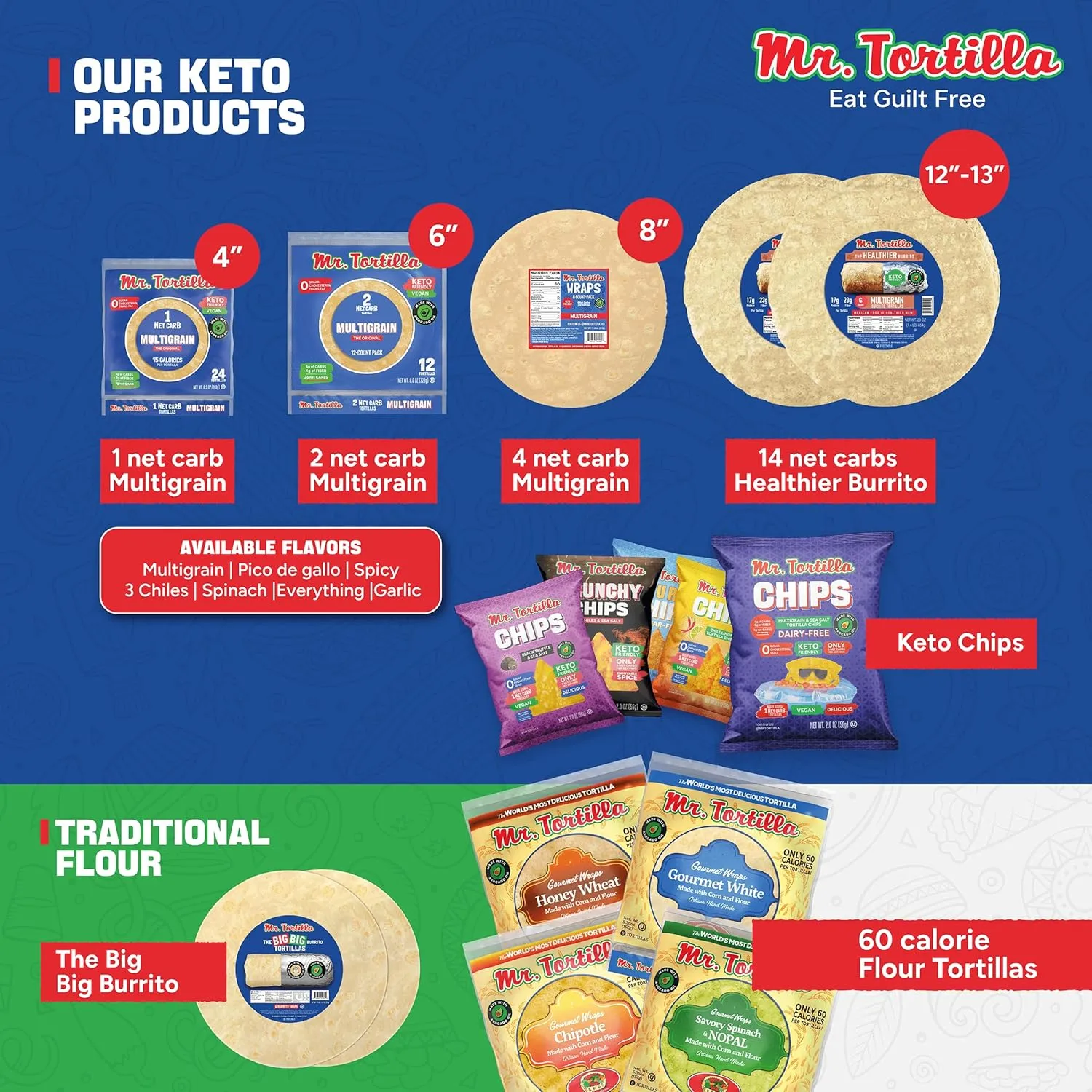 Mr. Tortilla Low Carb Keto Soft Taco Shells, Vegan, Quesadillas, Burritos, Heathy Bread Alternative, 2 Net Carbs, Delicious Small Batch Kosher Wraps - (Multigrain, 48 Count)