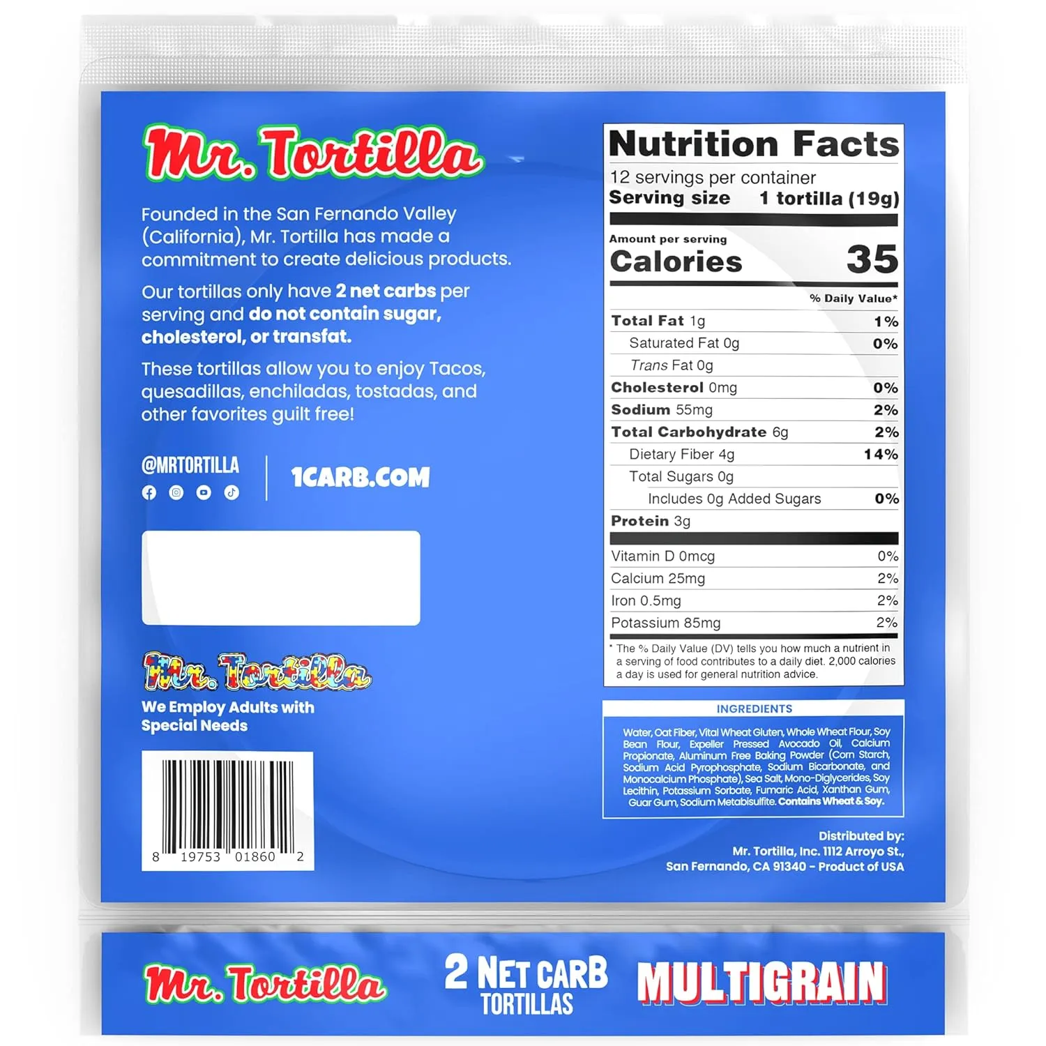 Mr. Tortilla Low Carb Keto Soft Taco Shells, Vegan, Quesadillas, Burritos, Heathy Bread Alternative, 2 Net Carbs, Delicious Small Batch Kosher Wraps - (Multigrain, 48 Count)
