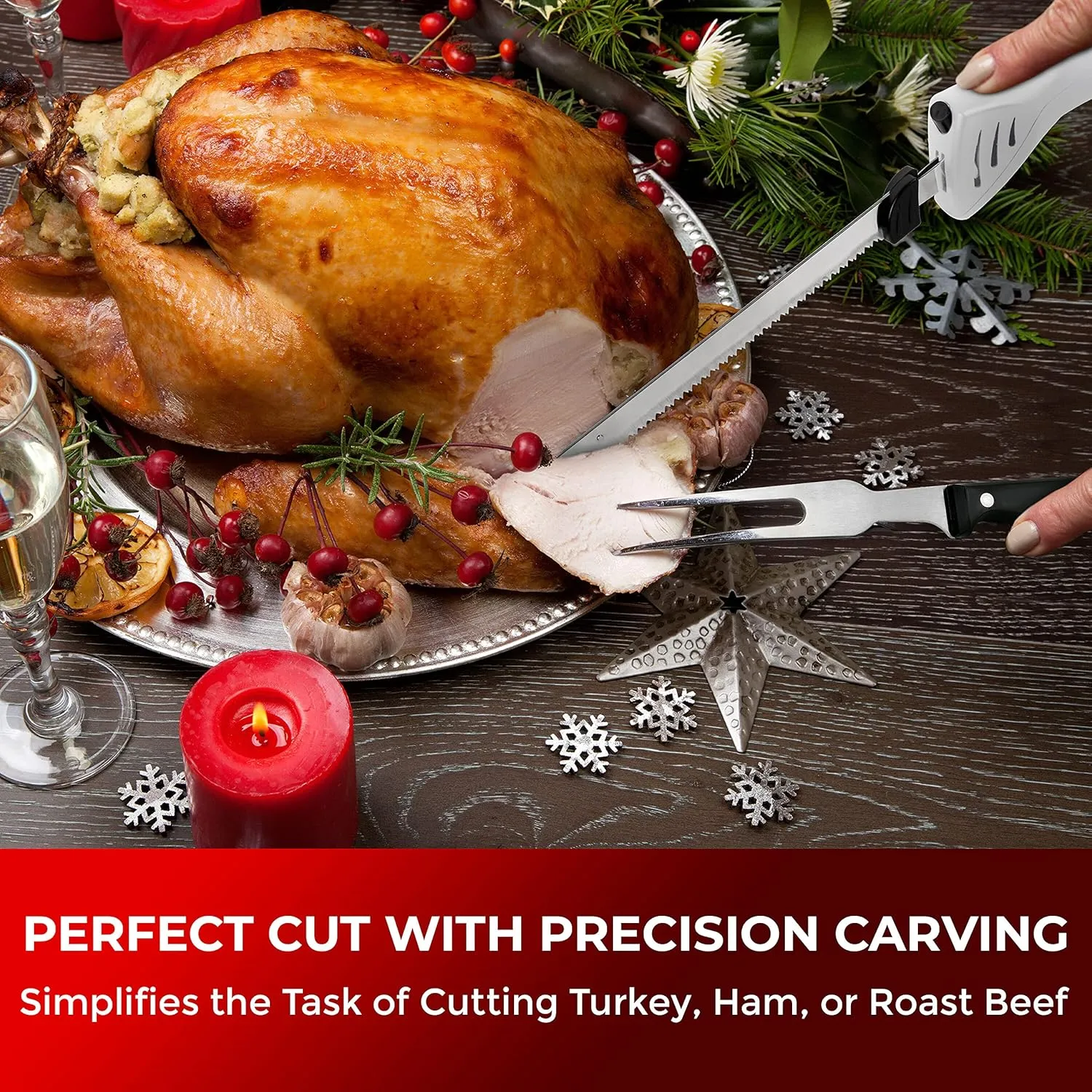 Mueller Ultra-Carver Electric Knife for Carving Meats, Poultry, Bread, Crafting Foam. Stainless Steel Blades, Powerful Motor, Ergonomic Handle, One-Touch On/Off Button, Serving Fork Included, White