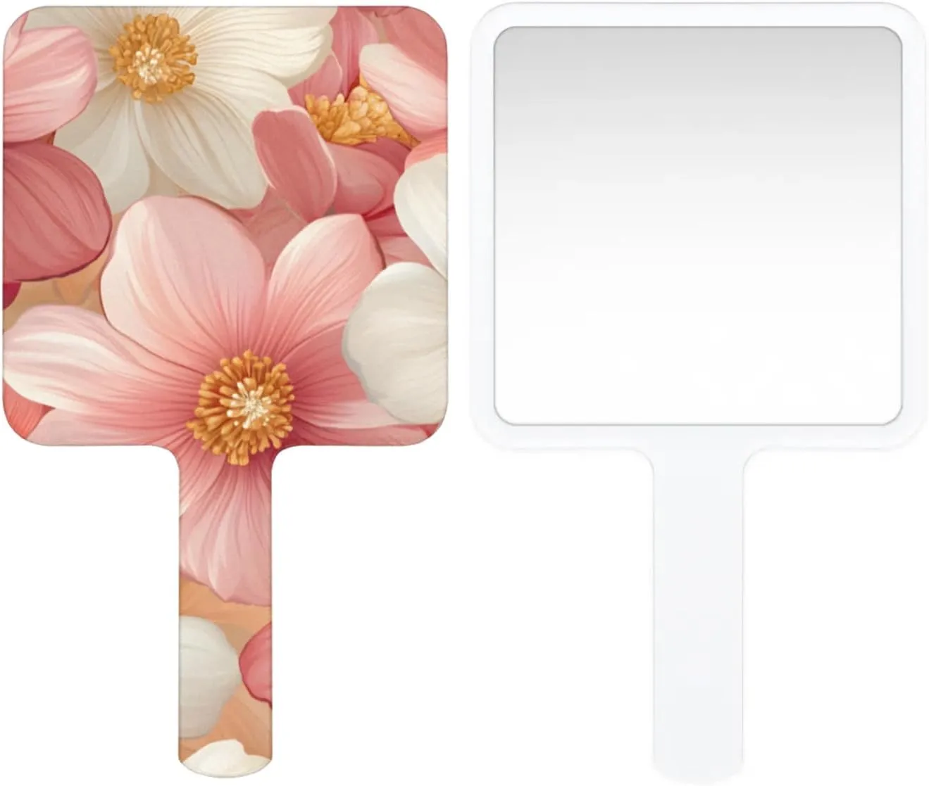 Multi Purpose Hand Mirror Spring Pinks Beige Flower with Distortion Free Reflection, 6.7 x 3.95 in, Small Cute Square Hand Mirror Modern Elegant Floral