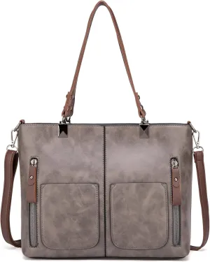 myfriday Vintage Leather Tote Bags for Women Large Capacity Zipper Top-handle Bag Ladies Satchel Bag Shoulder Handbag Purse
