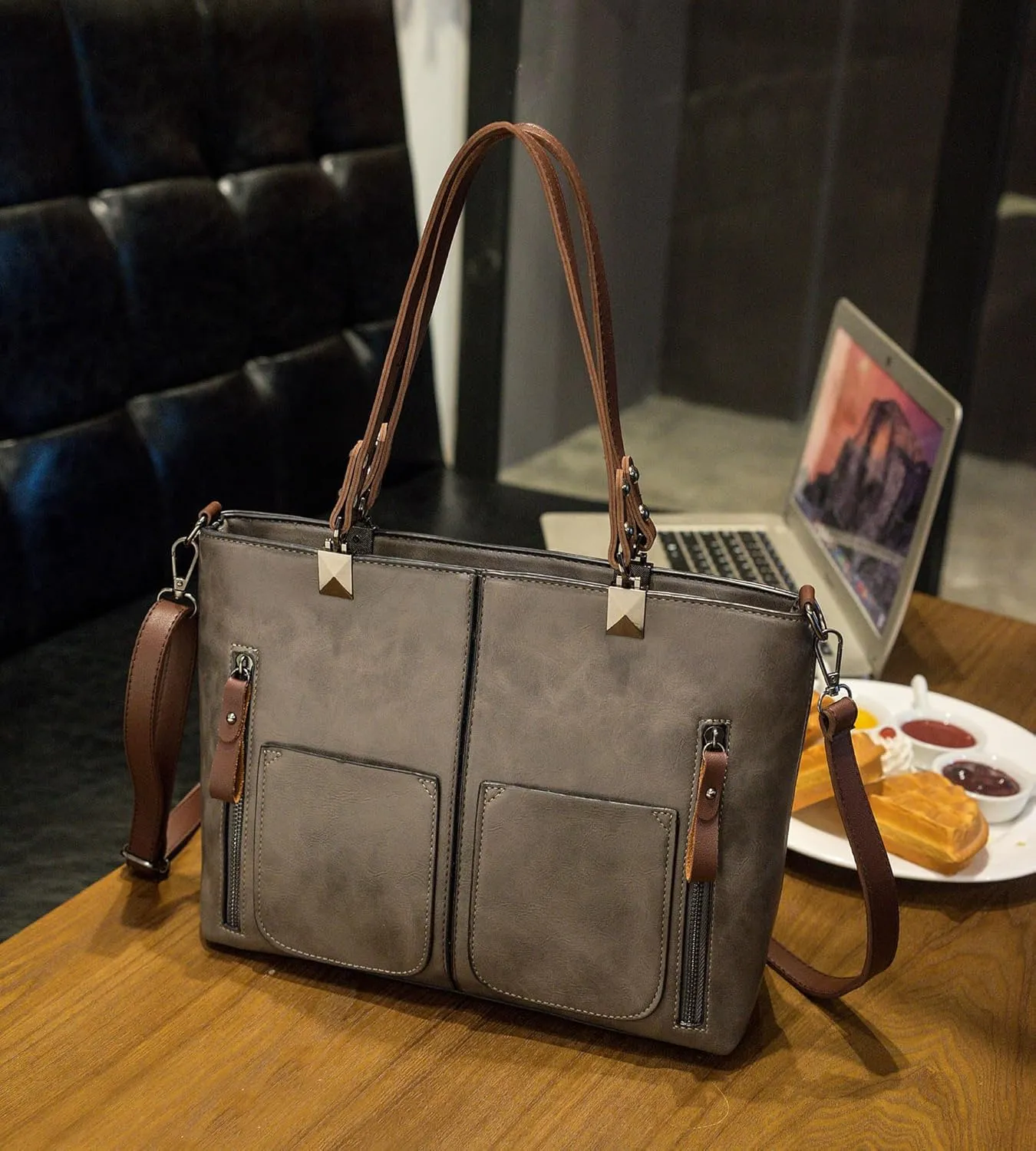 myfriday Vintage Leather Tote Bags for Women Large Capacity Zipper Top-handle Bag Ladies Satchel Bag Shoulder Handbag Purse