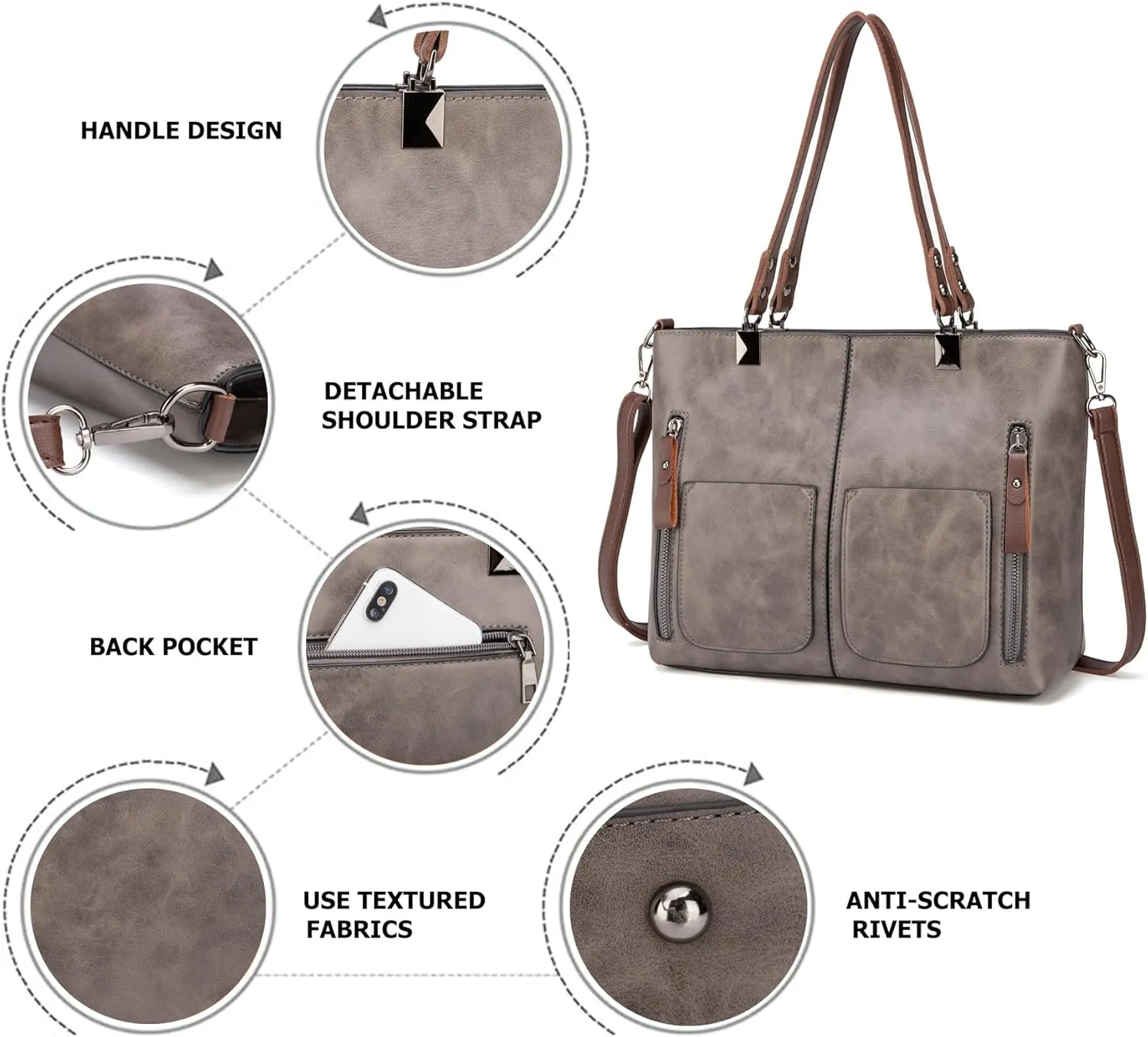 myfriday Vintage Leather Tote Bags for Women Large Capacity Zipper Top-handle Bag Ladies Satchel Bag Shoulder Handbag Purse
