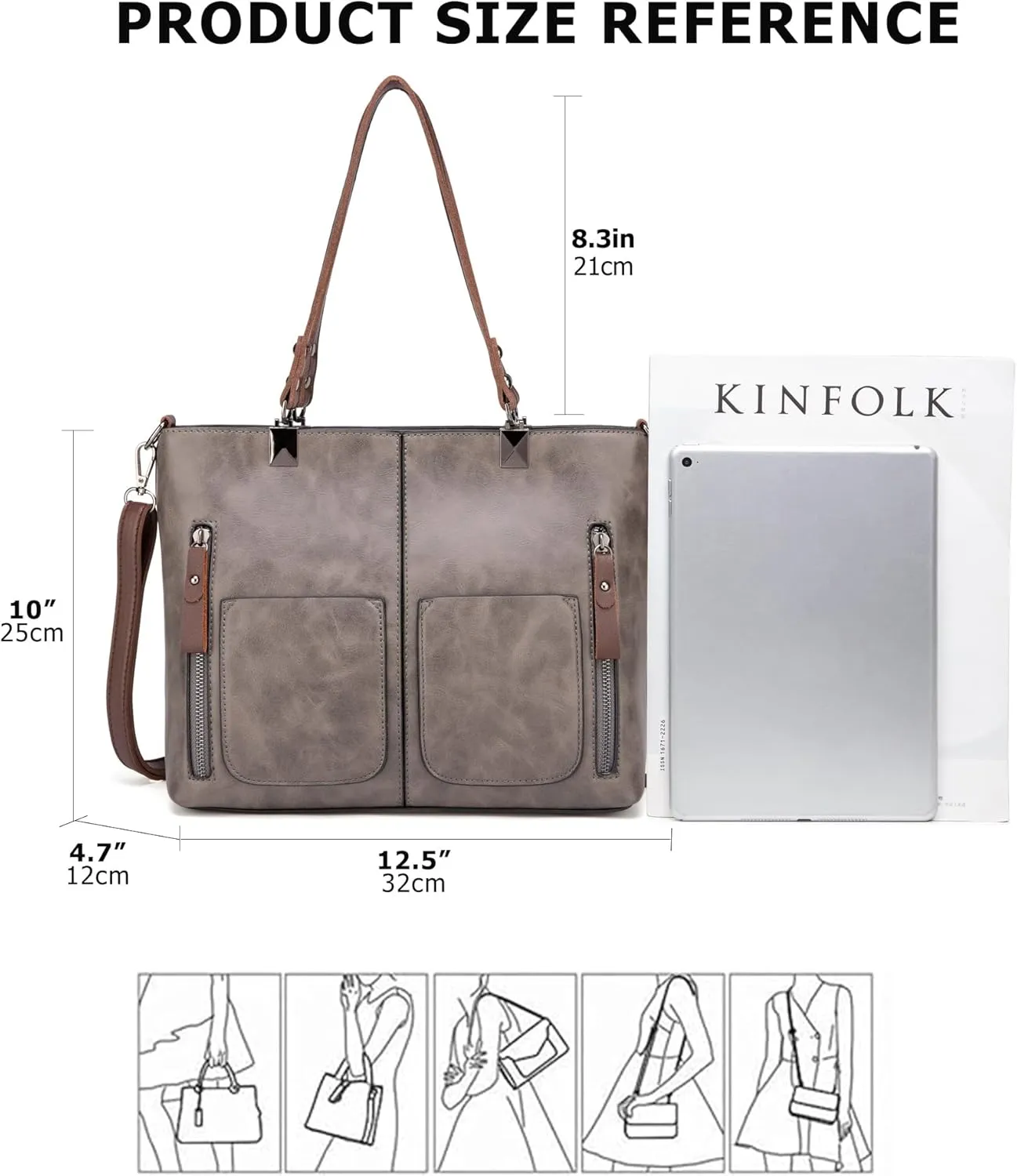 myfriday Vintage Leather Tote Bags for Women Large Capacity Zipper Top-handle Bag Ladies Satchel Bag Shoulder Handbag Purse