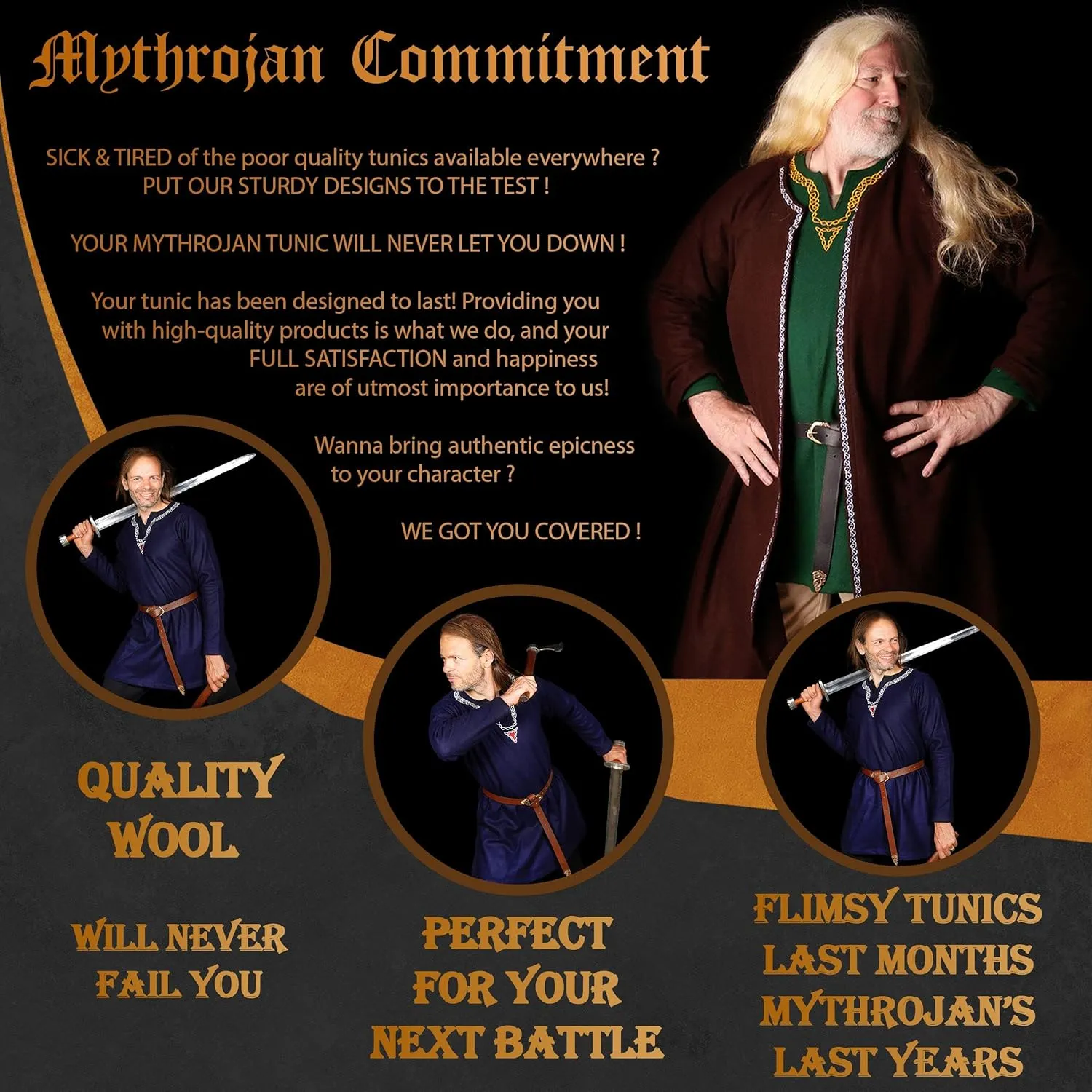 Mythrojan Embroidered Woolen Viking Tunic, Ideal for Vikings Warriors Rangers LARP SCA