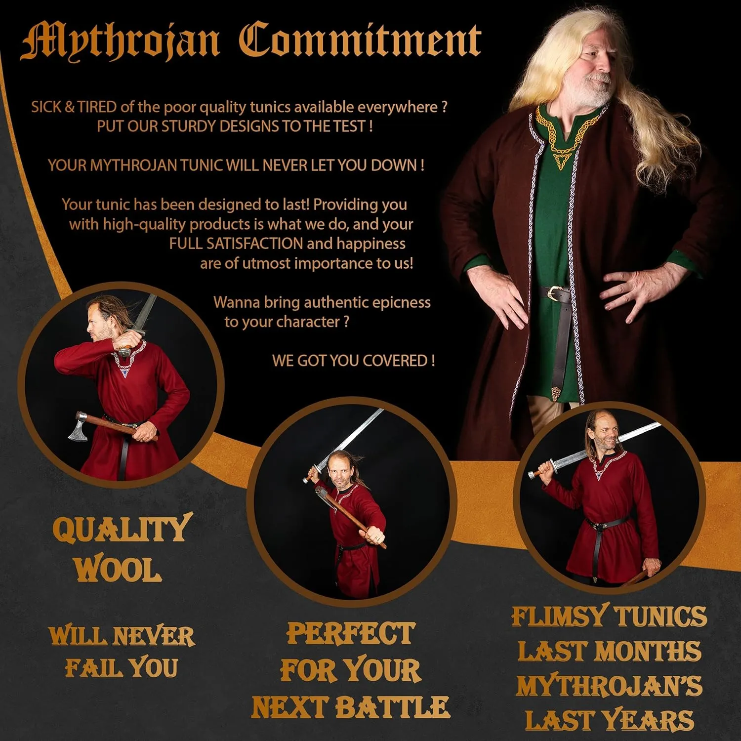 Mythrojan Embroidered Woolen Viking Tunic, Ideal for Vikings Warriors Rangers LARP SCA