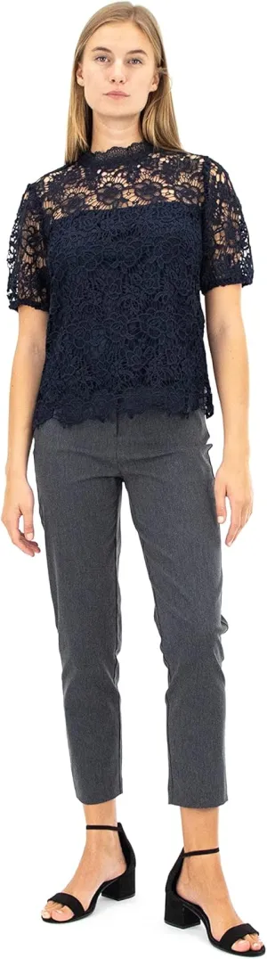 Nanette Nanette Lepore Women's Short Sleeve Mockneck Embroidered Lace Top with Exposed Zipper