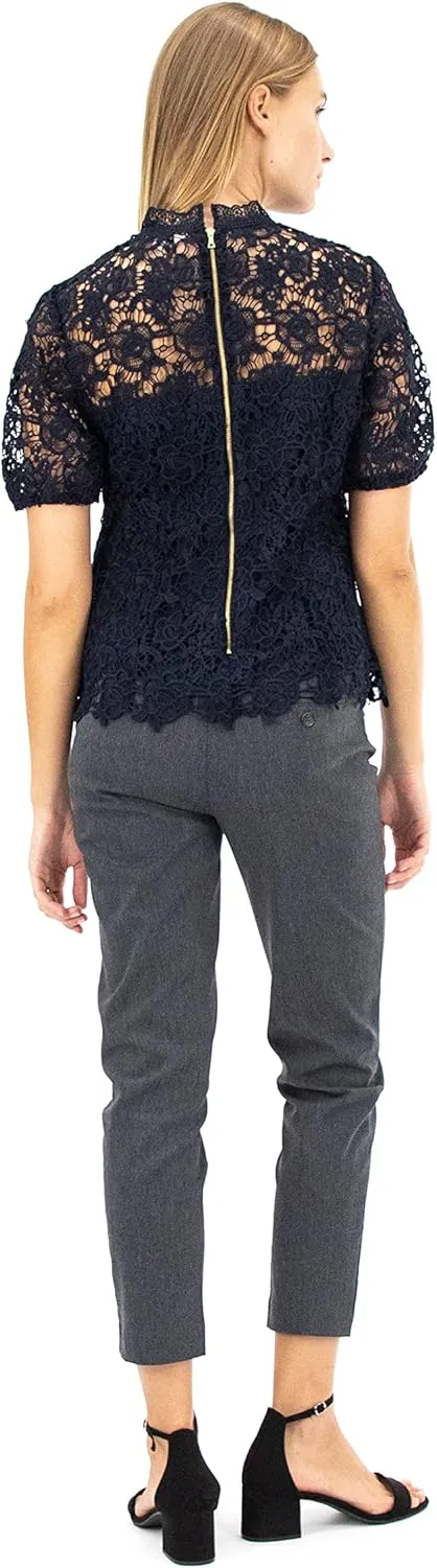 Nanette Nanette Lepore Women's Short Sleeve Mockneck Embroidered Lace Top with Exposed Zipper