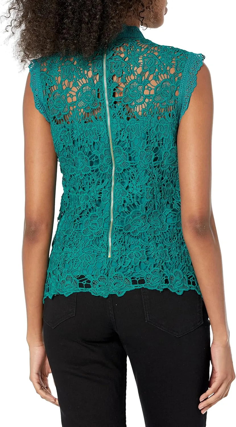 Nanette Nanette Lepore Women's Sleeveless Mockneck Embroidered Lace Top with Exposed Zipper
