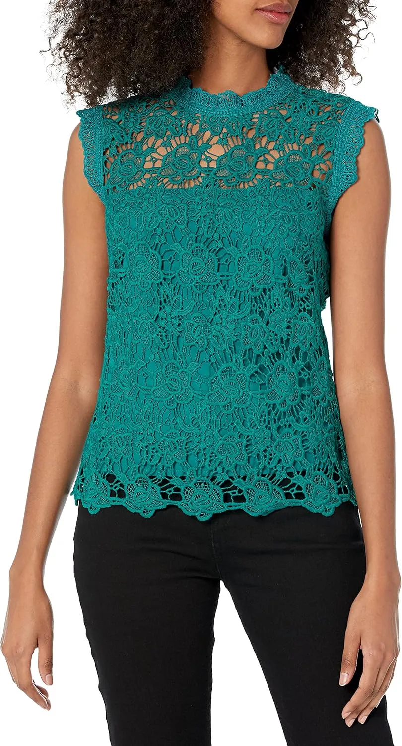 Nanette Nanette Lepore Women's Sleeveless Mockneck Embroidered Lace Top with Exposed Zipper