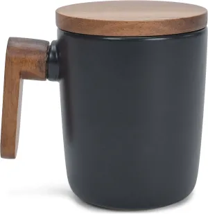Nat & Jules Japanese Style Black 12 ounce Stoneware Wood Handled Mug With Coaster Lid
