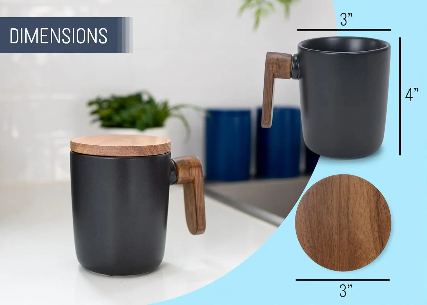 Nat & Jules Japanese Style Black 12 ounce Stoneware Wood Handled Mug With Coaster Lid