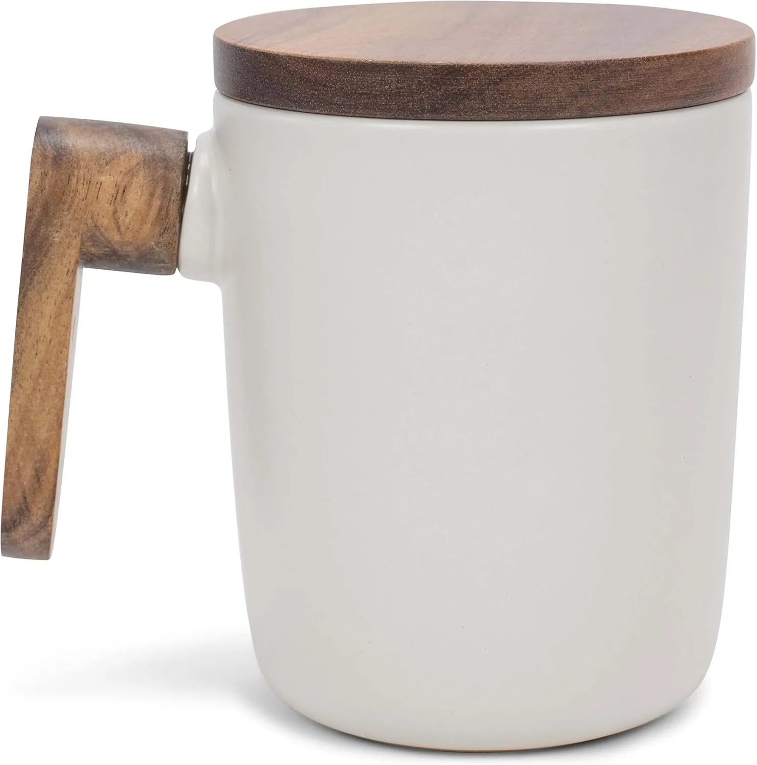 Nat & Jules Japanese Style Cream 12 ounce Stoneware Wood Handled Mug With Coaster Lid