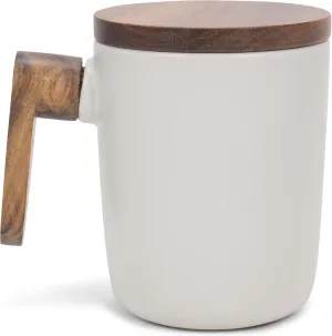 Nat & Jules Japanese Style Cream 12 ounce Stoneware Wood Handled Mug With Coaster Lid