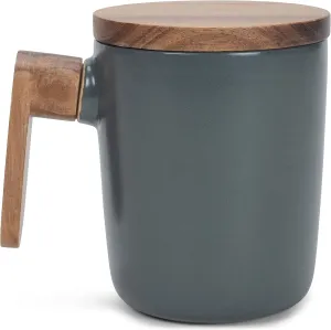 Nat & Jules Japanese Style Grey 12 ounce Stoneware Wood Handled Mug With Coaster Lid