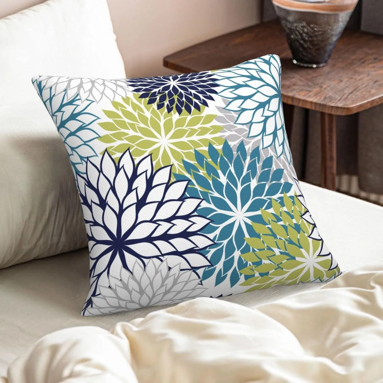 Navy Blue and Sage Green Gray Dahlia Throw Pillow Covers 18x18 Inch Spring Summer Outdoor Geometric Flower Decorative Pillows Cover Set of 2 Modern Pillowcase for Bed Couch Sofa Decor