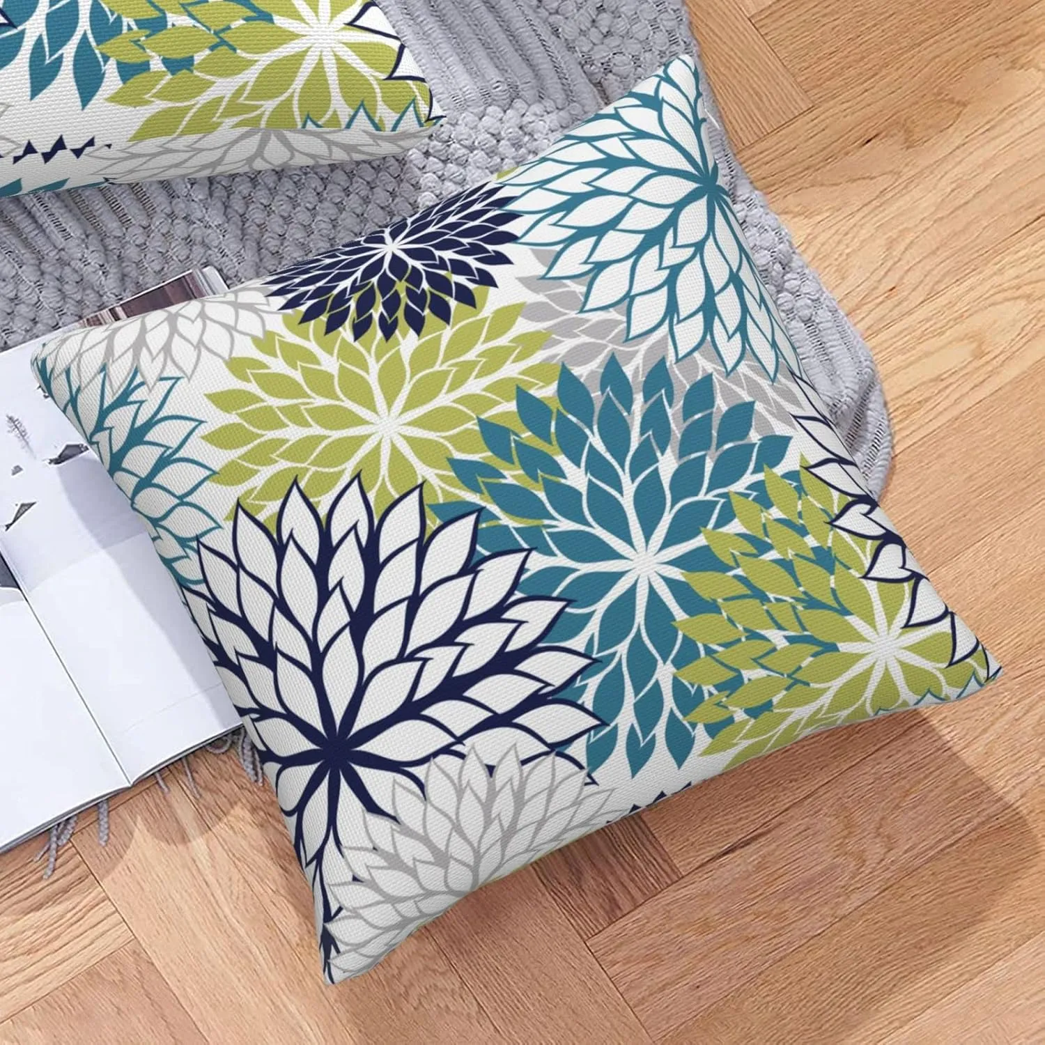 Navy Blue and Sage Green Gray Dahlia Throw Pillow Covers 18x18 Inch Spring Summer Outdoor Geometric Flower Decorative Pillows Cover Set of 2 Modern Pillowcase for Bed Couch Sofa Decor