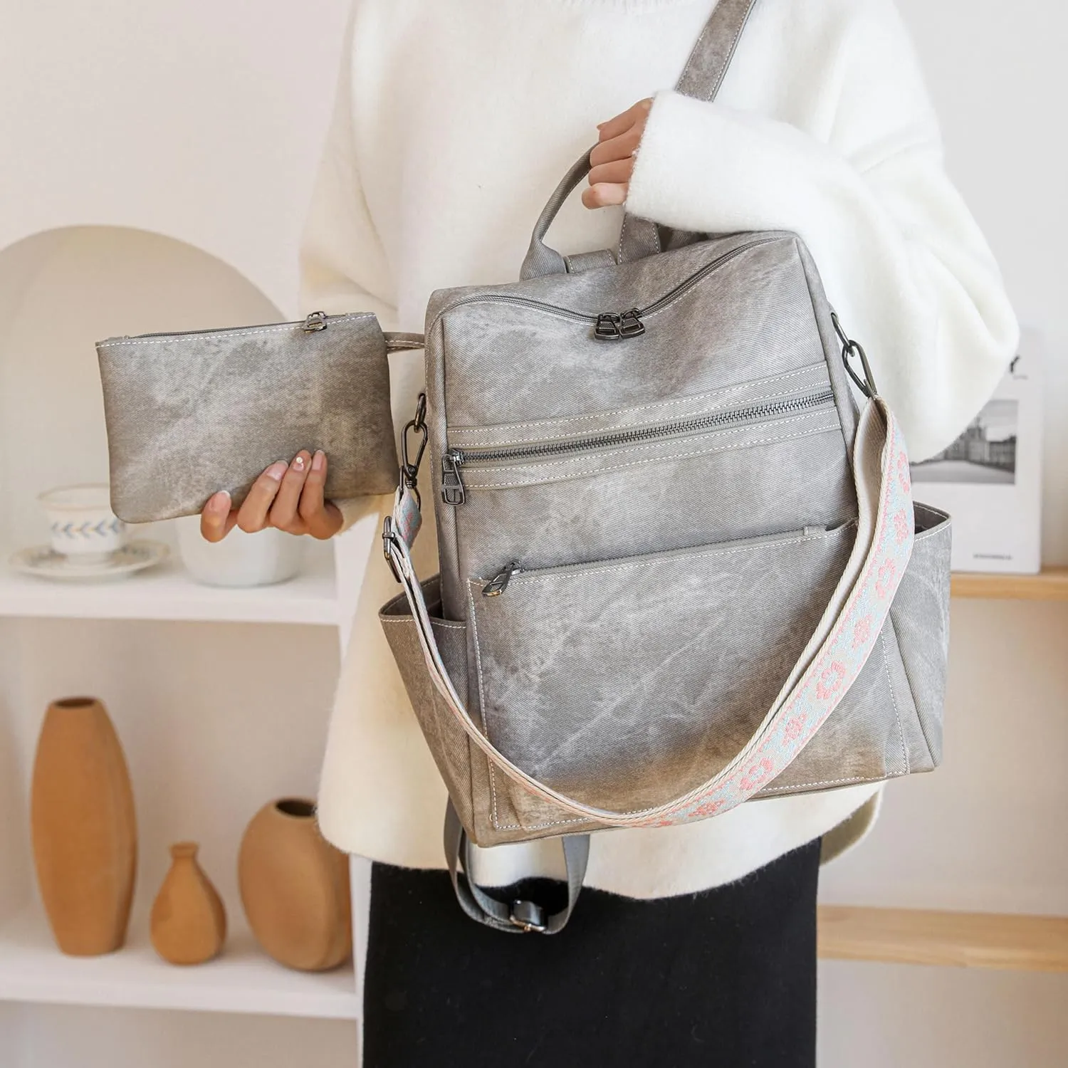 Nefelibata Women's Fashion Backpack Purse Day Packs Satchel Handbags leather tote bag Anti-theft Large Fashion Designer Travel Handbags Shoulder Bags With Purse Strap（Frosted Gray）