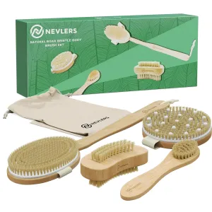 Nevlers Natural Boar Bristle Dry Brush for Body Massage 5-Piece Set | Detachable Long Wooden Handled Back Scrubber for Shower, Body Scrubber Exfoliator, Face Brush, Manicure Tool & Cloth Travel Bag