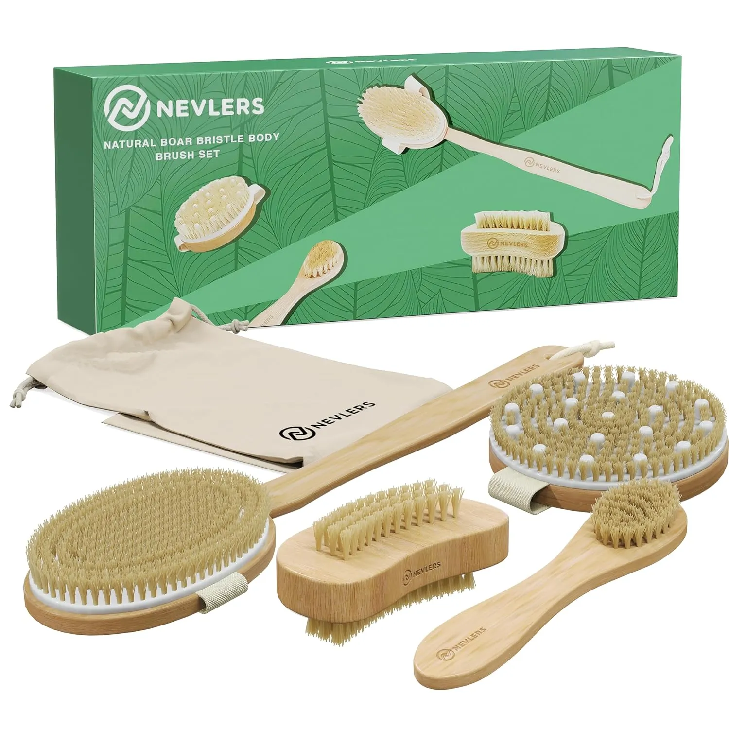 Nevlers Natural Boar Bristle Dry Brush for Body Massage 5-Piece Set | Detachable Long Wooden Handled Back Scrubber for Shower, Body Scrubber Exfoliator, Face Brush, Manicure Tool & Cloth Travel Bag
