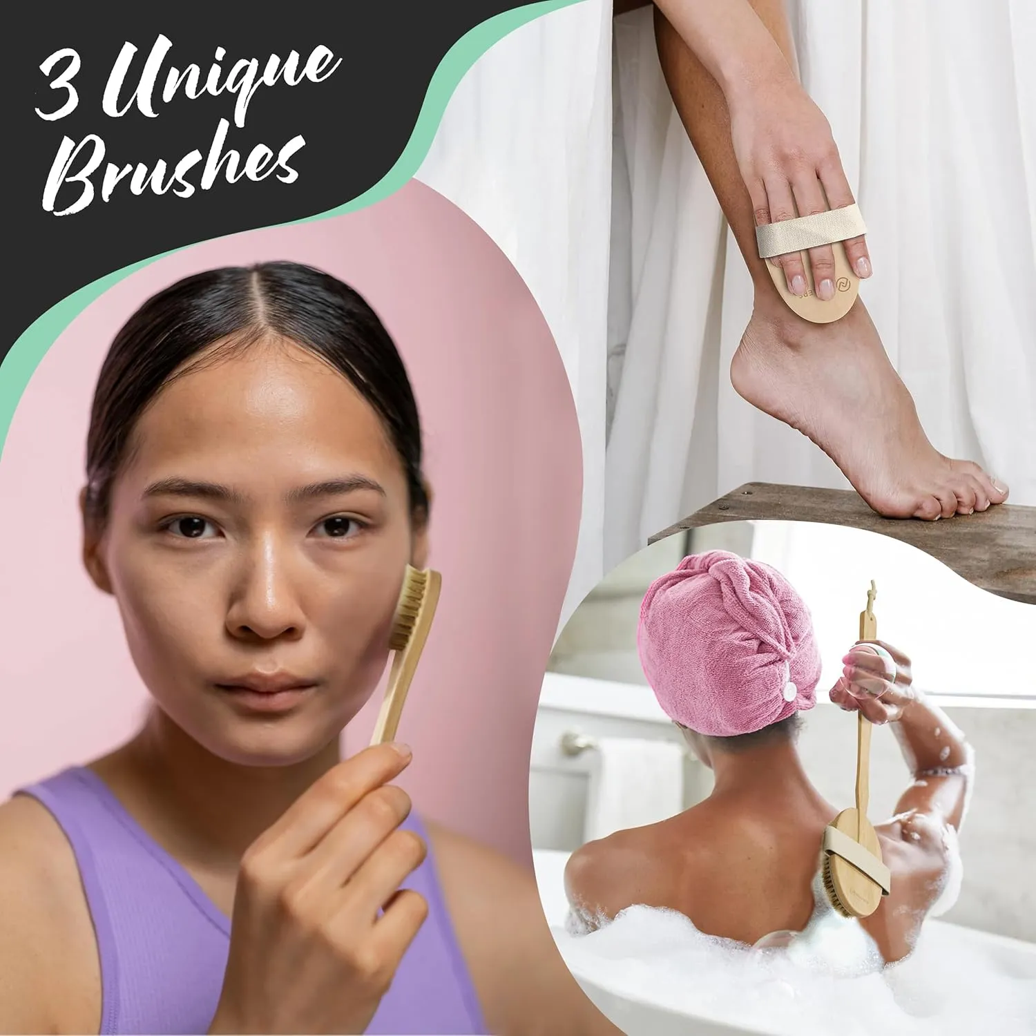 Nevlers Natural Boar Bristle Dry Brushing Body Brush 4-Piece Massage Set | Detachable Long Wooden Handled Back Scrubber, Exfoliating Body Scrubber, Small Exfoliating Face Brush, & Cloth Travel Bag