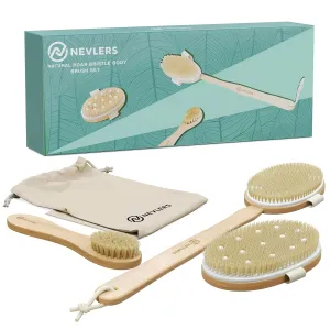 Nevlers Natural Boar Bristle Dry Brushing Body Brush 4-Piece Massage Set | Detachable Long Wooden Handled Back Scrubber, Exfoliating Body Scrubber, Small Exfoliating Face Brush, & Cloth Travel Bag