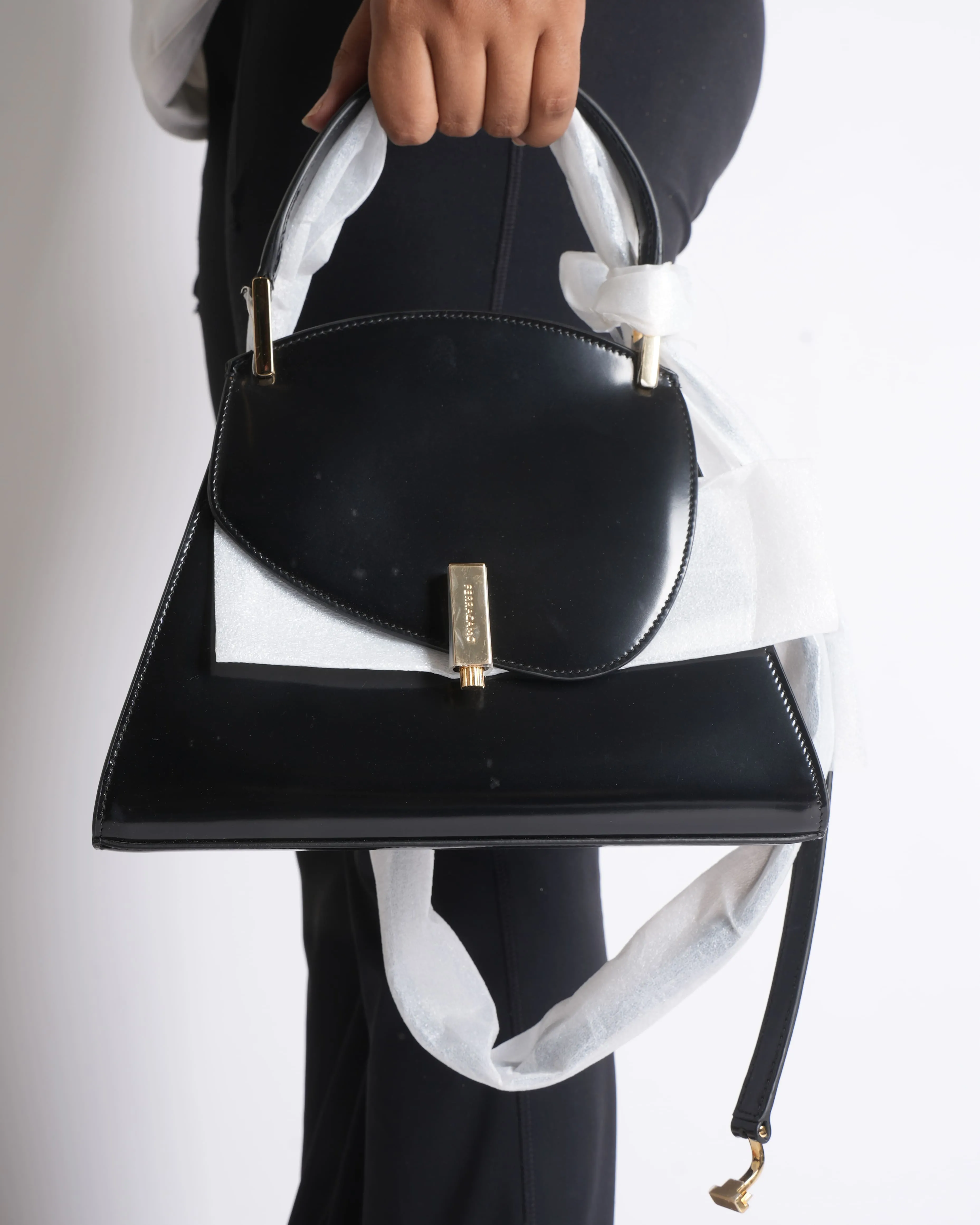 New Salvatore Ferragamo Geometric Small Top Handle Bag with Crossbody Strap