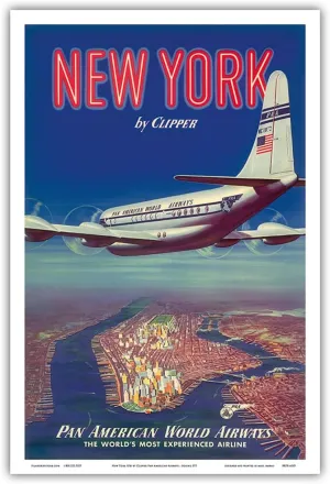 New York USA by Clipper - Boeing 377 over Manhattan Island - Pan American World Airways - Vintage Airline Travel Poster c.1950 - Master Art Print (Unframed) 12in x 18in