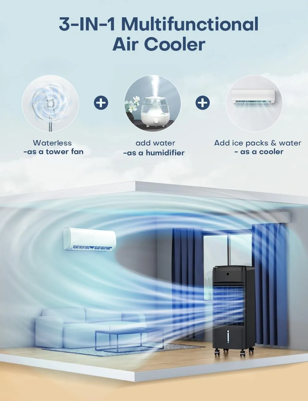 NOMEY 3-IN-1 Windowless Evaporative Air Cooler 4 Modes & 3 Speeds, Waterless Alert System, 12H Timer, 1 Gal Detachable Water Tank, 4 Ice Packs, Remote, 70° Oscillation Air Conditioner for Room Office