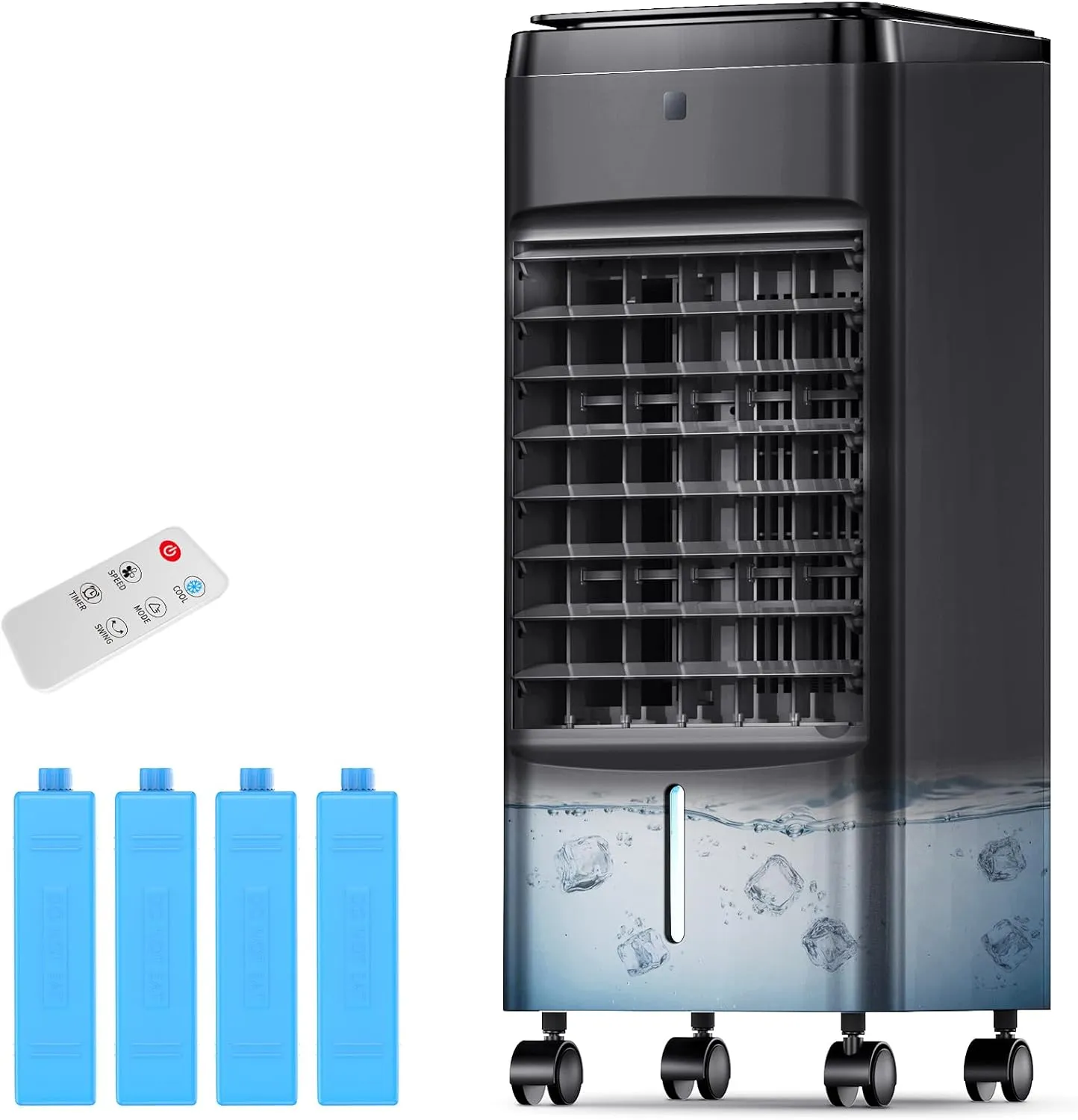 NOMEY 3-IN-1 Windowless Evaporative Air Cooler 4 Modes & 3 Speeds, Waterless Alert System, 12H Timer, 1 Gal Detachable Water Tank, 4 Ice Packs, Remote, 70° Oscillation Air Conditioner for Room Office