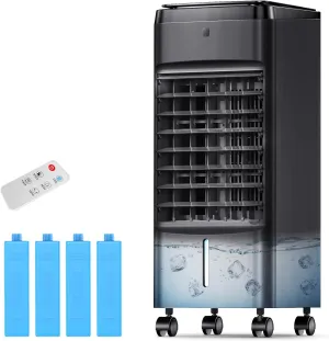 NOMEY 3-IN-1 Windowless Evaporative Air Cooler 4 Modes & 3 Speeds, Waterless Alert System, 12H Timer, 1 Gal Detachable Water Tank, 4 Ice Packs, Remote, 70° Oscillation Air Conditioner for Room Office