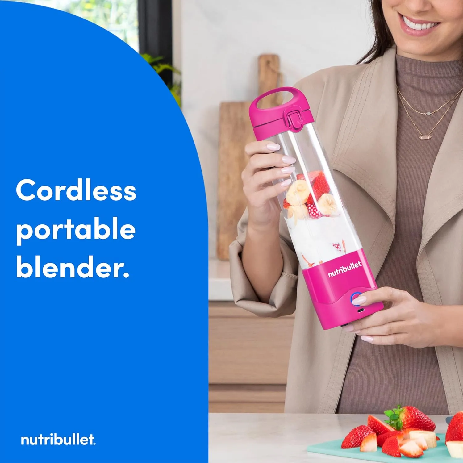 nutribullet Portable Blender, Cordless, 20oz Vessel, Personal Blender, USB-C Rechargeable, Bright Pink, NBPB50100BP