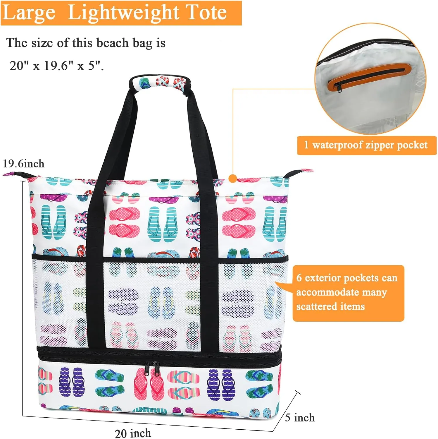Octsky Beach Bags with Cooler Women Beach Tote Bag Waterproof Sandproof Zipper Large Pool Bag 9 Pockets