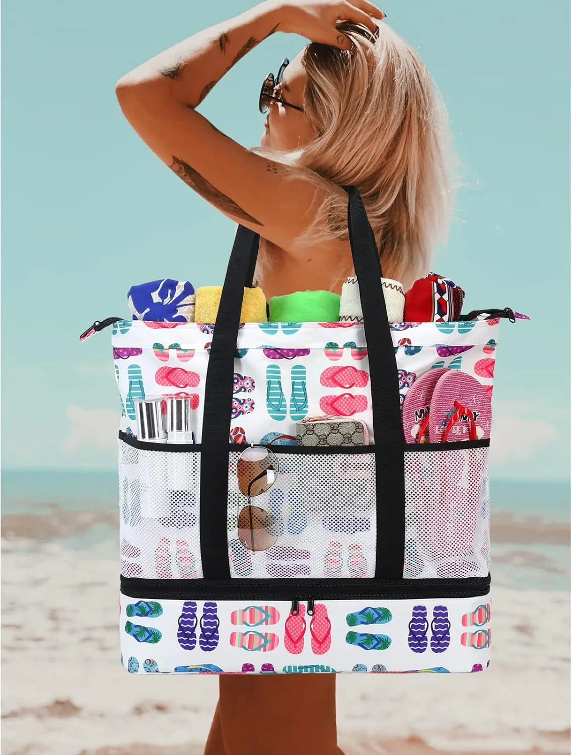 Octsky Beach Bags with Cooler Women Beach Tote Bag Waterproof Sandproof Zipper Large Pool Bag 9 Pockets