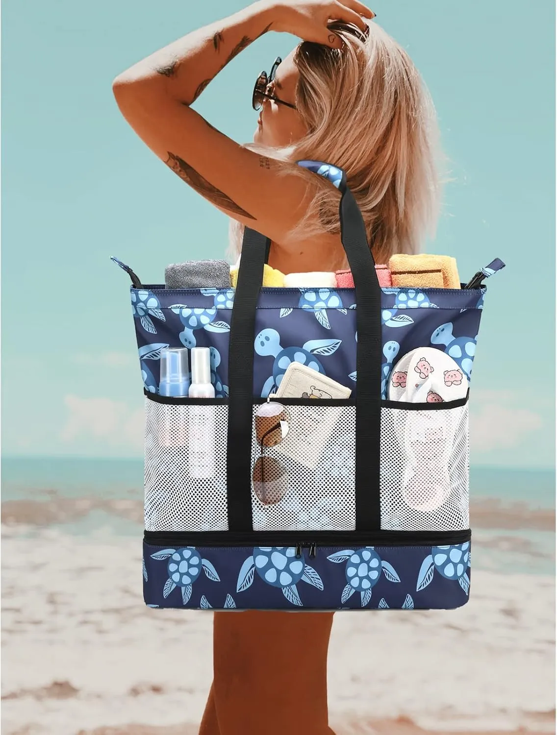 Octsky Beach Bags with Cooler Women Beach Tote Bag Waterproof Sandproof Zipper Large Pool Bag 9 Pockets