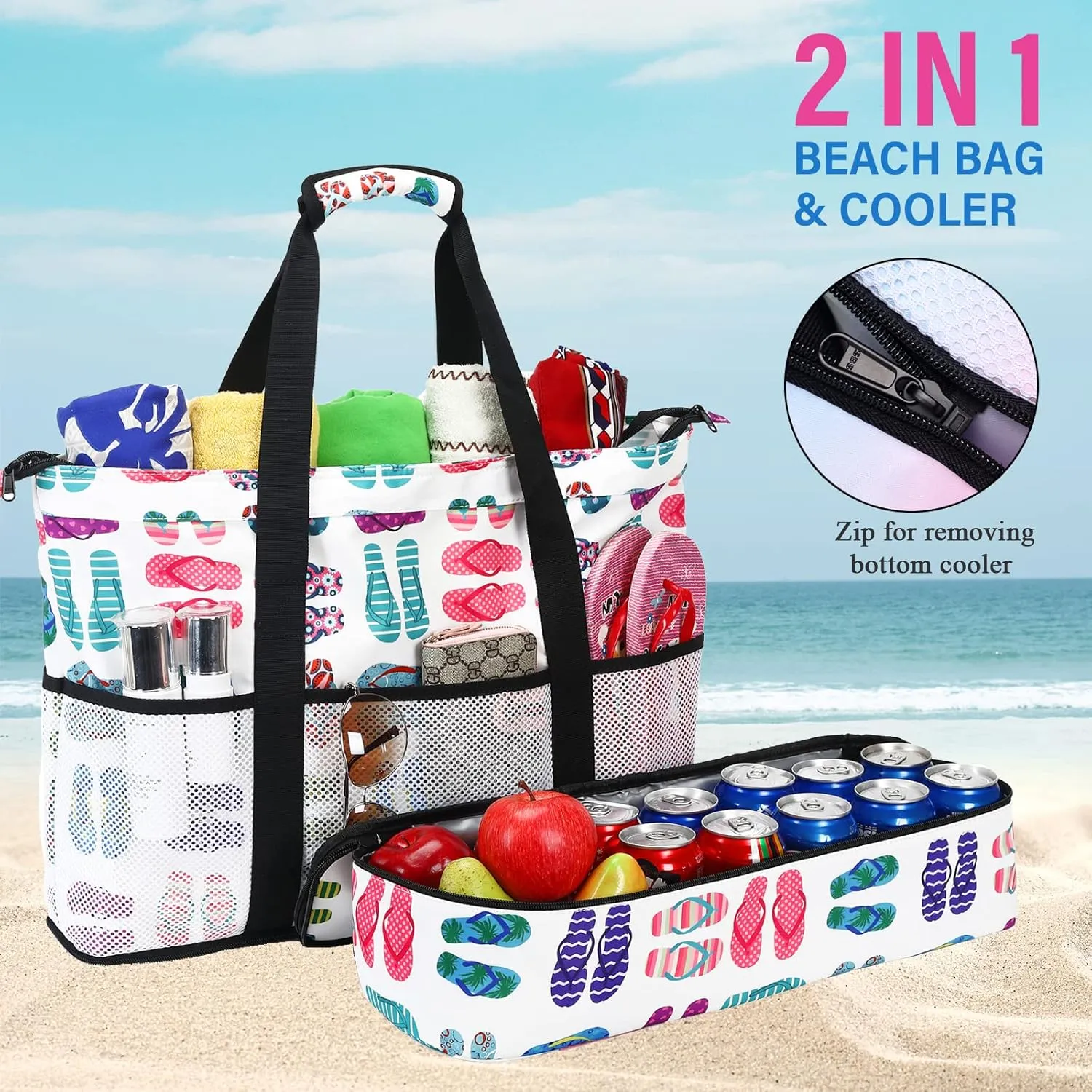 Octsky Beach Bags with Cooler Women Beach Tote Bag Waterproof Sandproof Zipper Large Pool Bag 9 Pockets