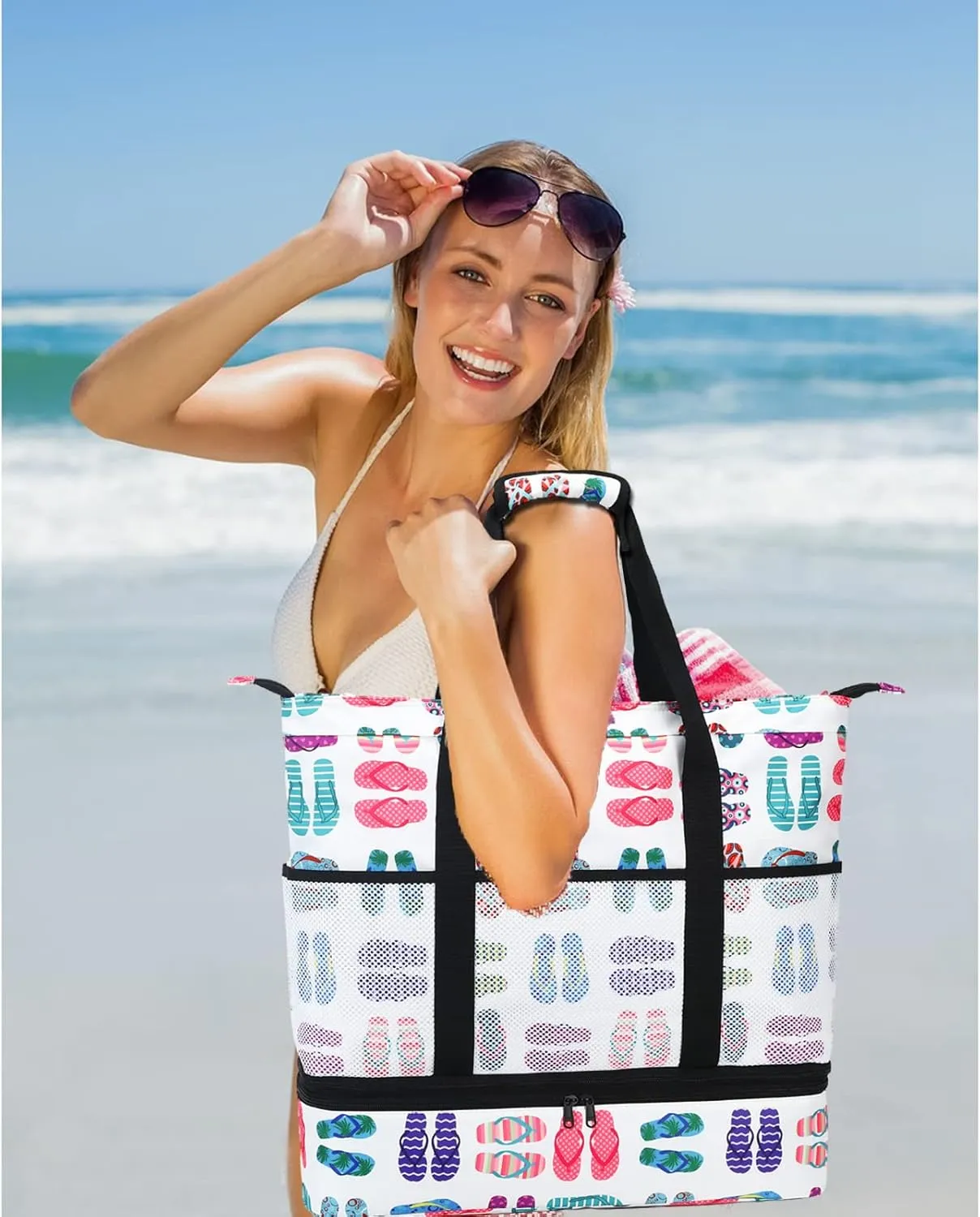 Octsky Beach Bags with Cooler Women Beach Tote Bag Waterproof Sandproof Zipper Large Pool Bag 9 Pockets