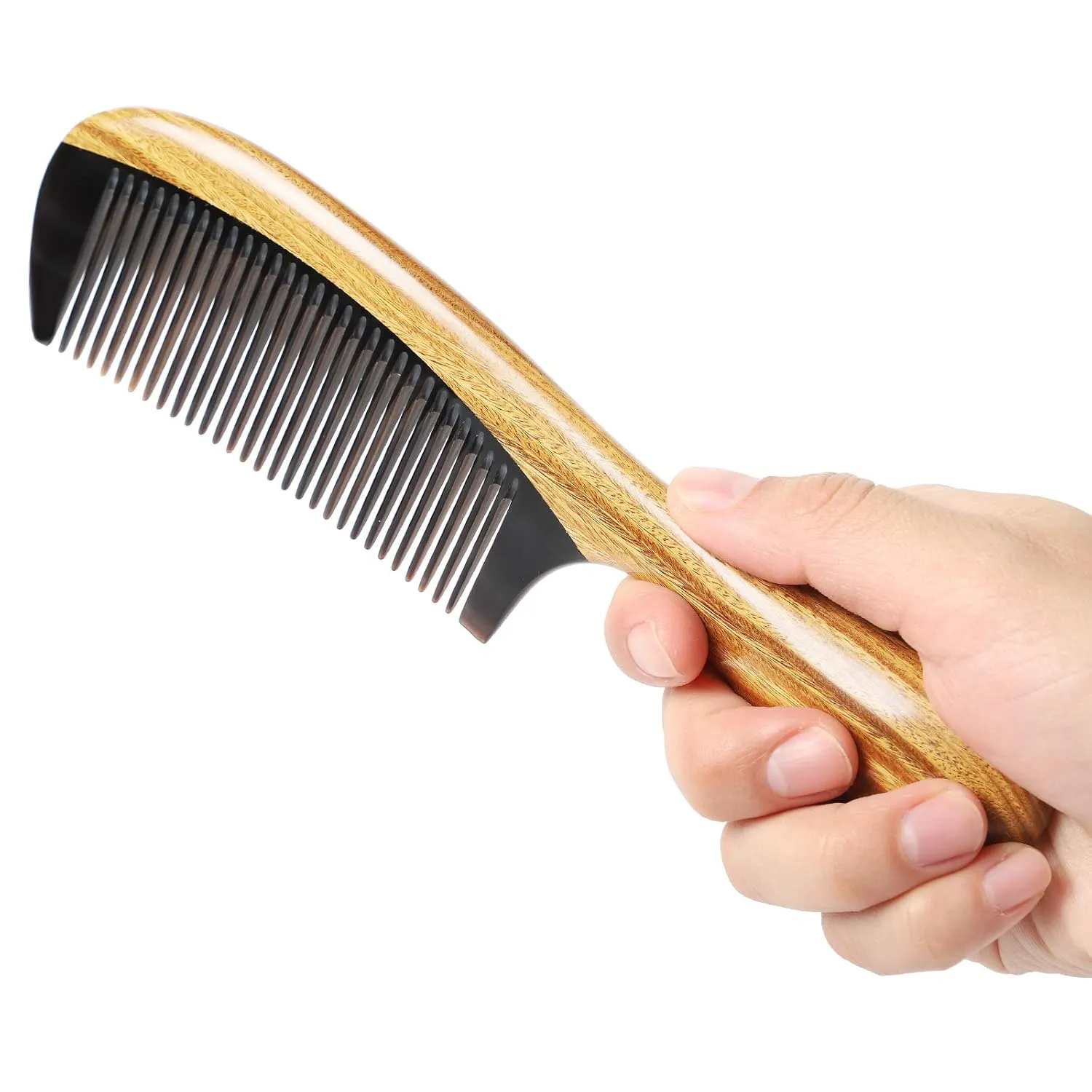 Onedor Handmade Buffalo Horn and Sandalwood Hair Combs - Anti-Static Natural Scent Wooden Detangler (Fine Tooth)