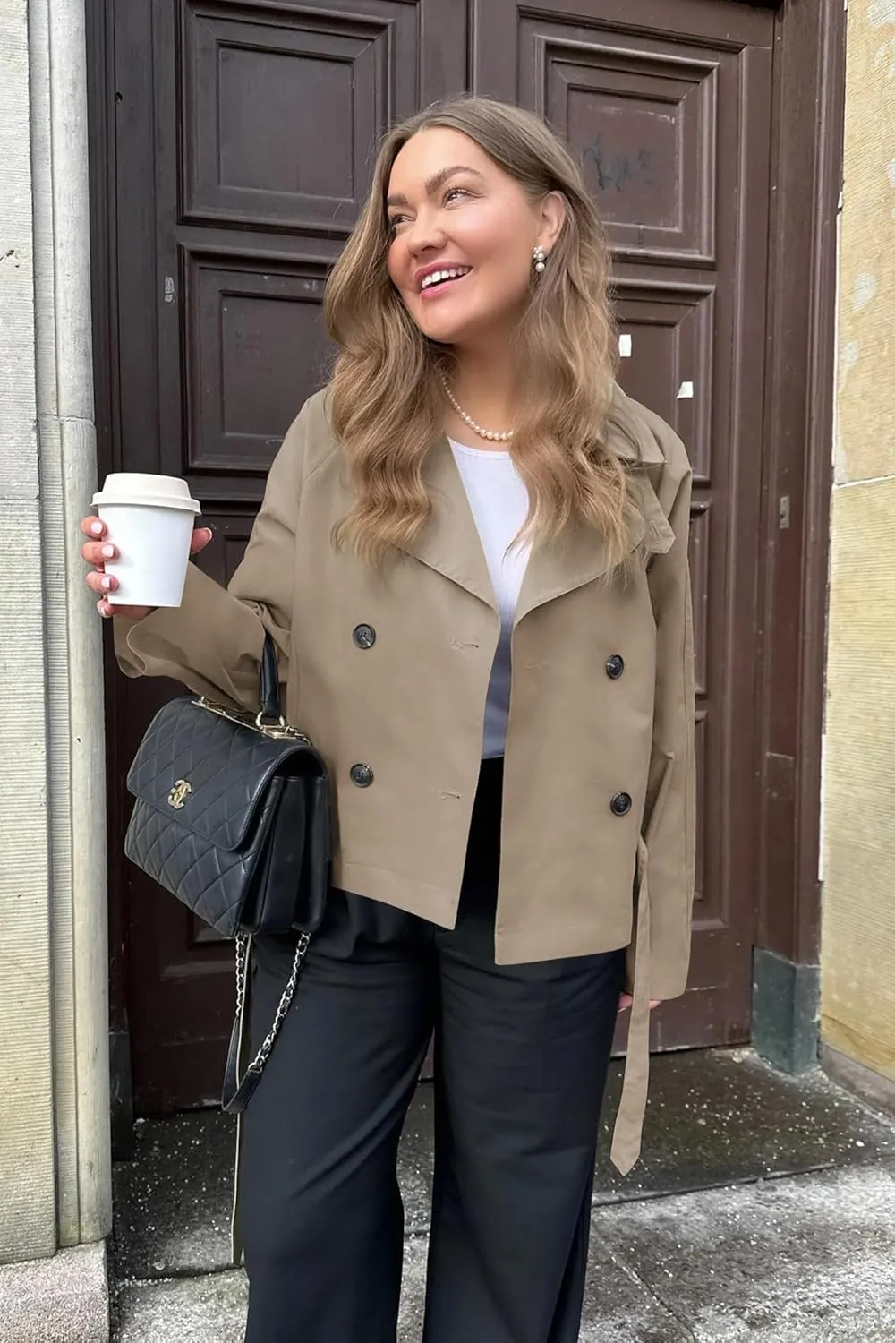 Onedreamer Women's Double Breasted Trench Coat Classic Lapel Long Sleeve Blazer Jackets Casual Outerwear With Belt